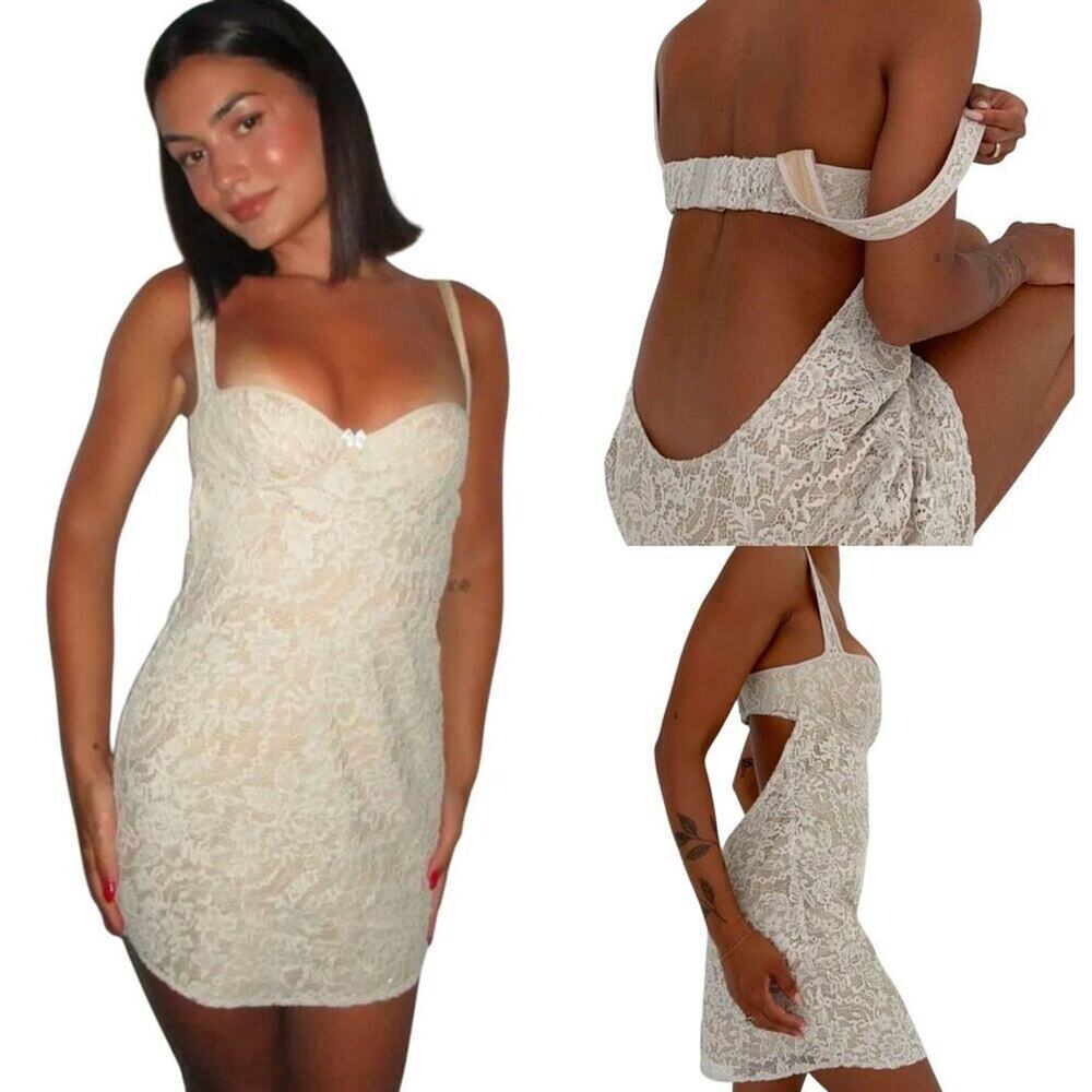 Rumored Loverboy Mini Dress Cream Lace MEDIUM Lacy Feminine Open Back Croquette